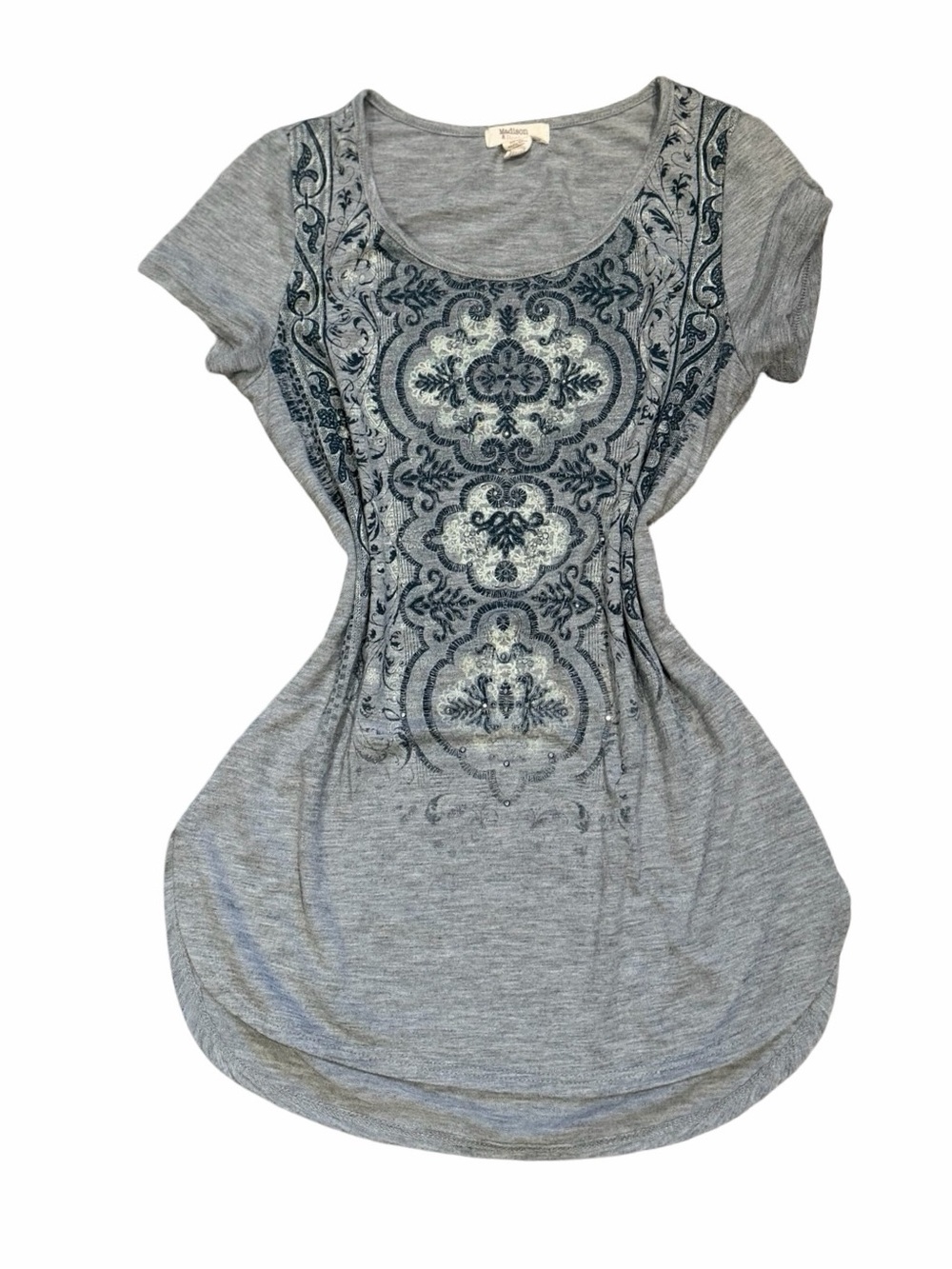 Y2K Madison & Berkeley Gray Short Sleeve Scoop Neck Top with rhinestones